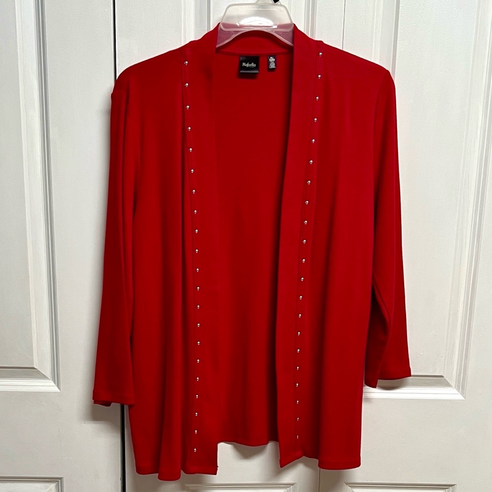 Rafaella Red Open-Front Cotton Cardigan with Silver Stud Trim Size XL